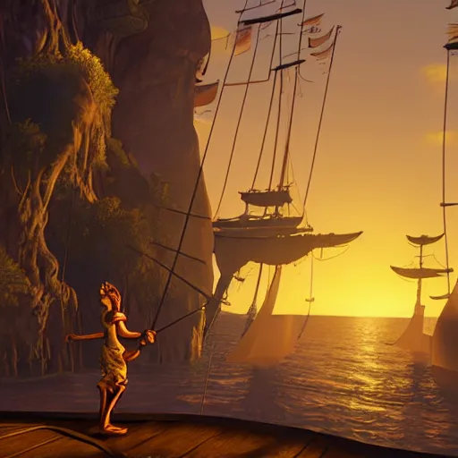 Image similar to Guybrush threepwood in a stunning pirate landscape, golden hour