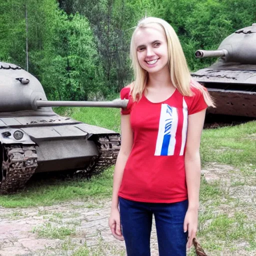 Prompt: slavic happy blond girl standing in front of remains of house and tanks with russian flags