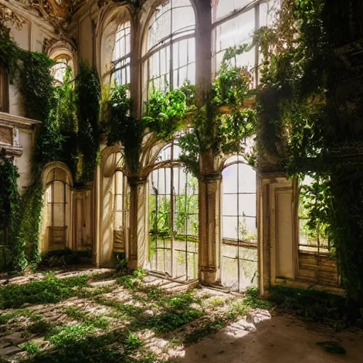 Image similar to a dream about inside opulent abandoned overgrown Palace of Versailles, lush plants growing through the floors and walls, walls are covered with vines, beautiful, dusty, golden volumetric light shines through giant broken windows, rich with epic details and dreamy atmosphere