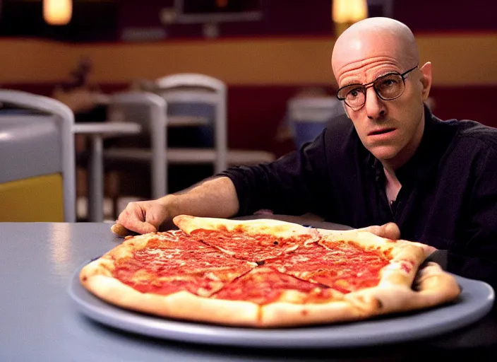 Prompt: charlie kaufman eating pizza at chuck - e - cheese, dramatic lighting, film still from breaking bad ( 2 0 1 0 ), 3 5 mm kodak, 2 4 mm lens, directed by rian johnson