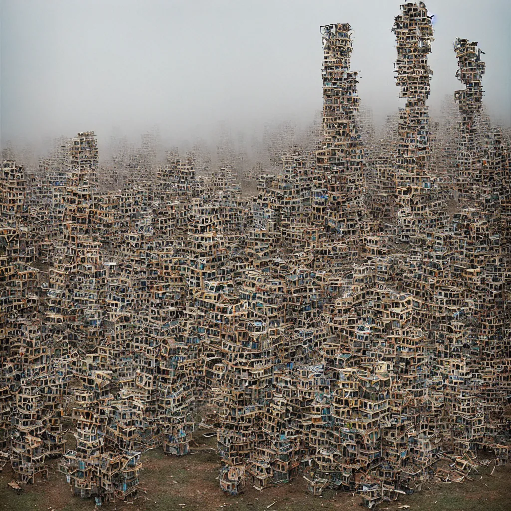 Image similar to towers made up of densely stacked makeshift squatter shacks with faded colours suspended over a quagmire, plain uniform sky at the back, misty, mamiya, ultra sharp, very detailed, photographed by julie blackmon, cristina de middel and john chiara