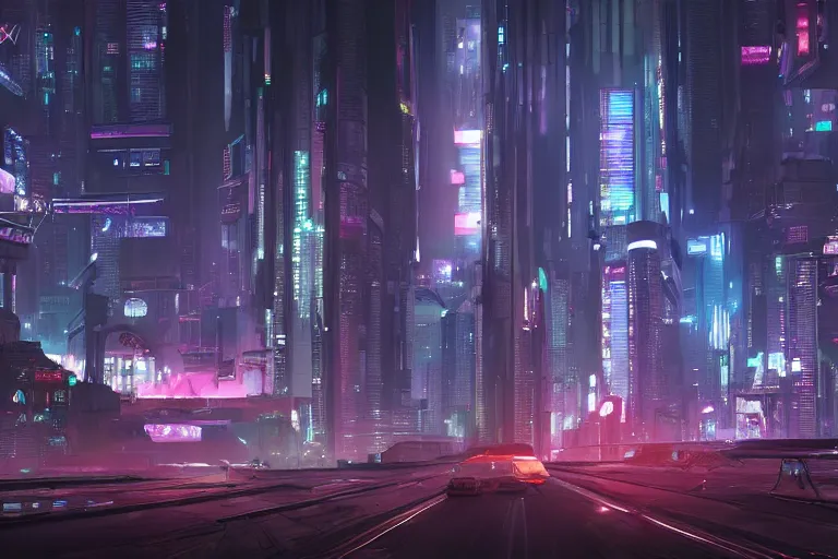 Prompt: a digital painting of a city at night, cyberpunk art by stephan martiniere, cgsociety contest winner, panfuturism, concept art, rendered in unreal engine, reimagined by industrial light and magic