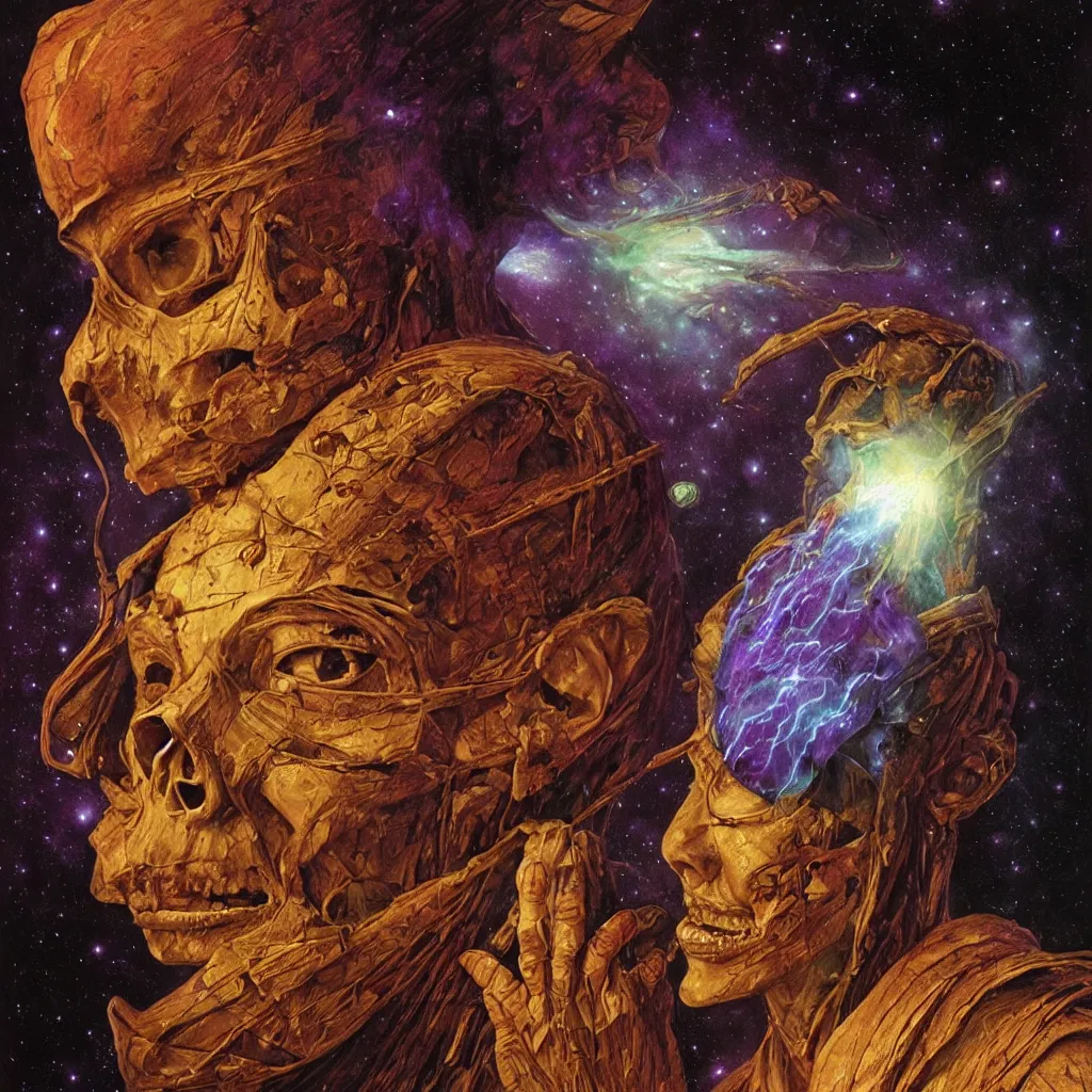 Prompt: intense glowing egyptian mummy god with ancient bandages and intense black eyes with a skull in very dark cosmic nebula by artgerm and beksinski and alphonse mucha, portrait, fantasy, clear, light beams, lens flare, intense, pharoah, uhd, amazing depth, cinematic lighting, black and purple and shining gold