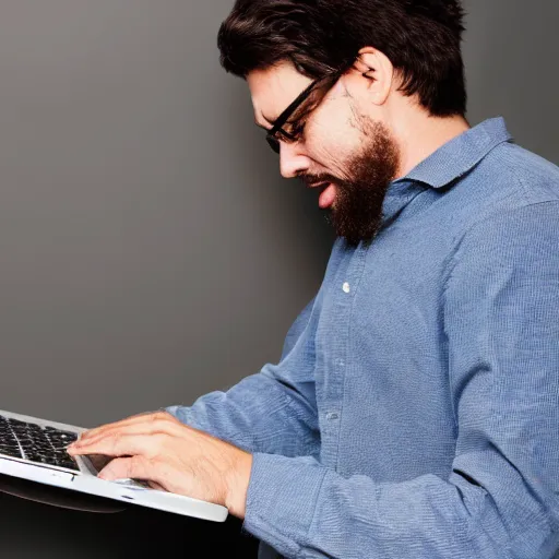 Image similar to photograph of man smashing his laptop out of rage