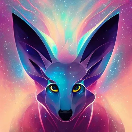 Prompt: geometric symmetrical flareon with galaxy eyes in space, nebula in the background, intricate, elegant, highly detailed, digital painting, artstation, concept art, smooth, sharp focus, illustration, art by artgerm