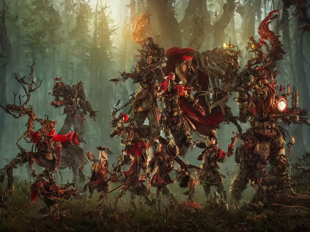 Image similar to red ridding hood and a troop of gamekeepers hunting on mystical monsters in forest. all wearing a steampunk and neonpunk mechanical fluorescent mystical animal masks. realistic fornite style. full body. product introduction photos. luminescent, elements, by stanley artgerm lau. epic cinematic shot, perfectly defined features, ambient occlusion