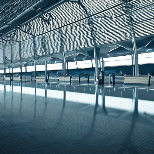 Image similar to photo of an airport interior, the floor is flooded with one meter deep water. eerie, volumetric lighting. highly - detailed 4 k