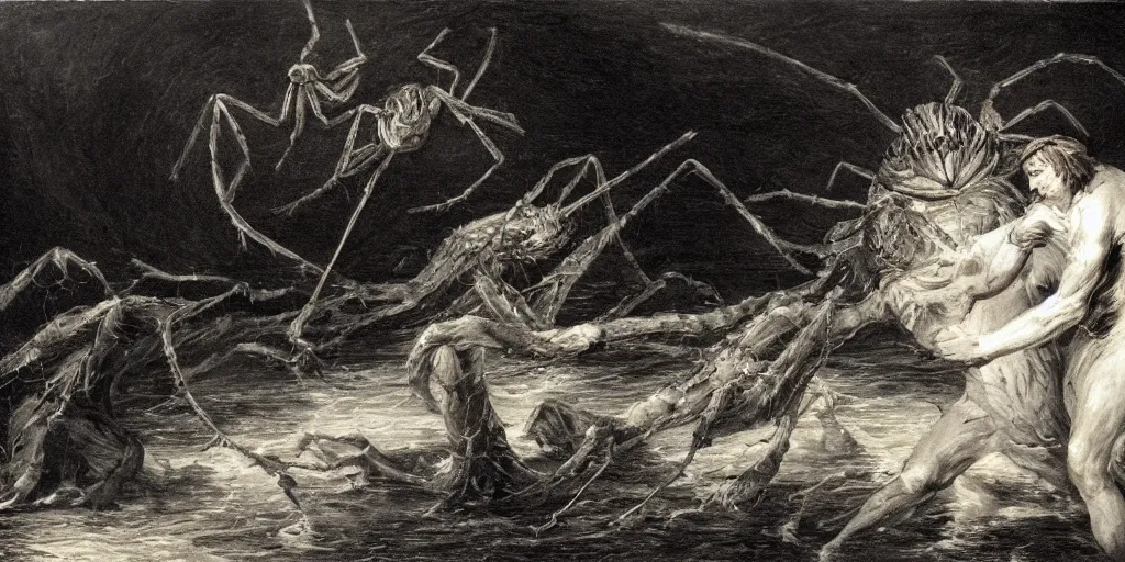 Image similar to hyperrealism Baptism on the river, monster spider in style of Goya