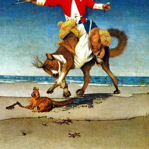 Image similar to napoleon riding a squirrel!!! on the beach with hyacinth!!!! by norman rockwell