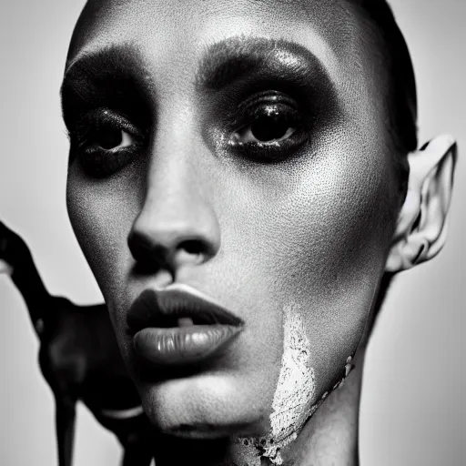 Image similar to fashion photography of model with the head of a doberman, wearing futuristic hip - hop fashion, inside berghain, futuristic fashion, photo 3 5 mm leica, hyperdetail, 8 k, very detailed, black and white