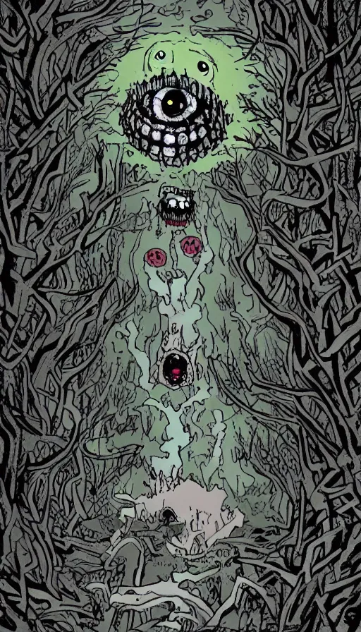 Prompt: a storm vortex made of many demonic eyes and teeth over a forest, by jhonen vasquez