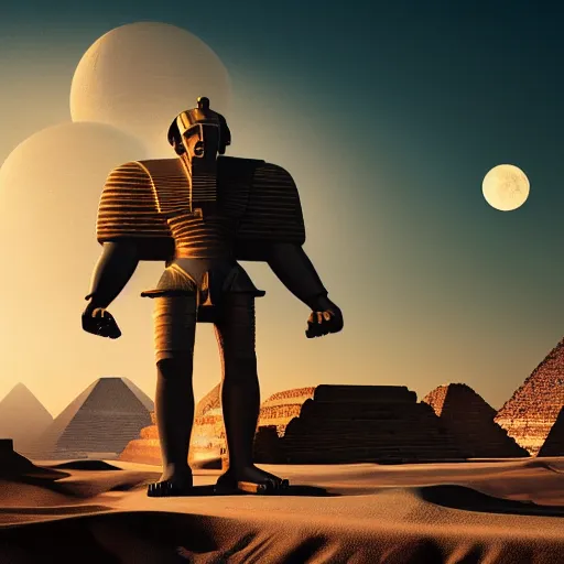 Prompt: giant robot egyptian sun god floating above pyramids with atmospheric moonlit background, octane render, artstation, anamorphic, film still