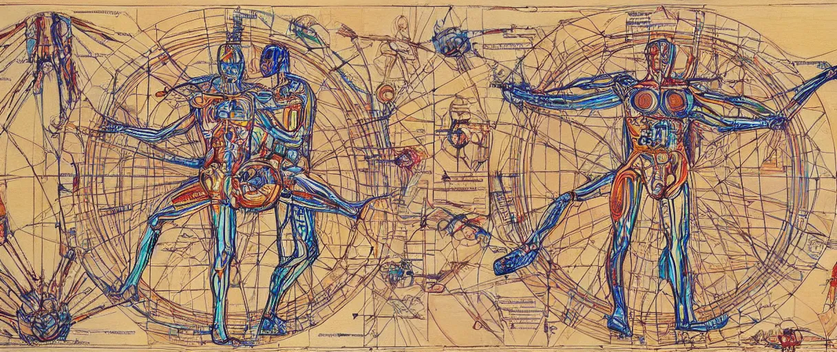 Image similar to a brilliantly colored painting of an exploded diagram of a detailed engineering schematic of a robot in the pose vitruvian man in the style of jean giraud