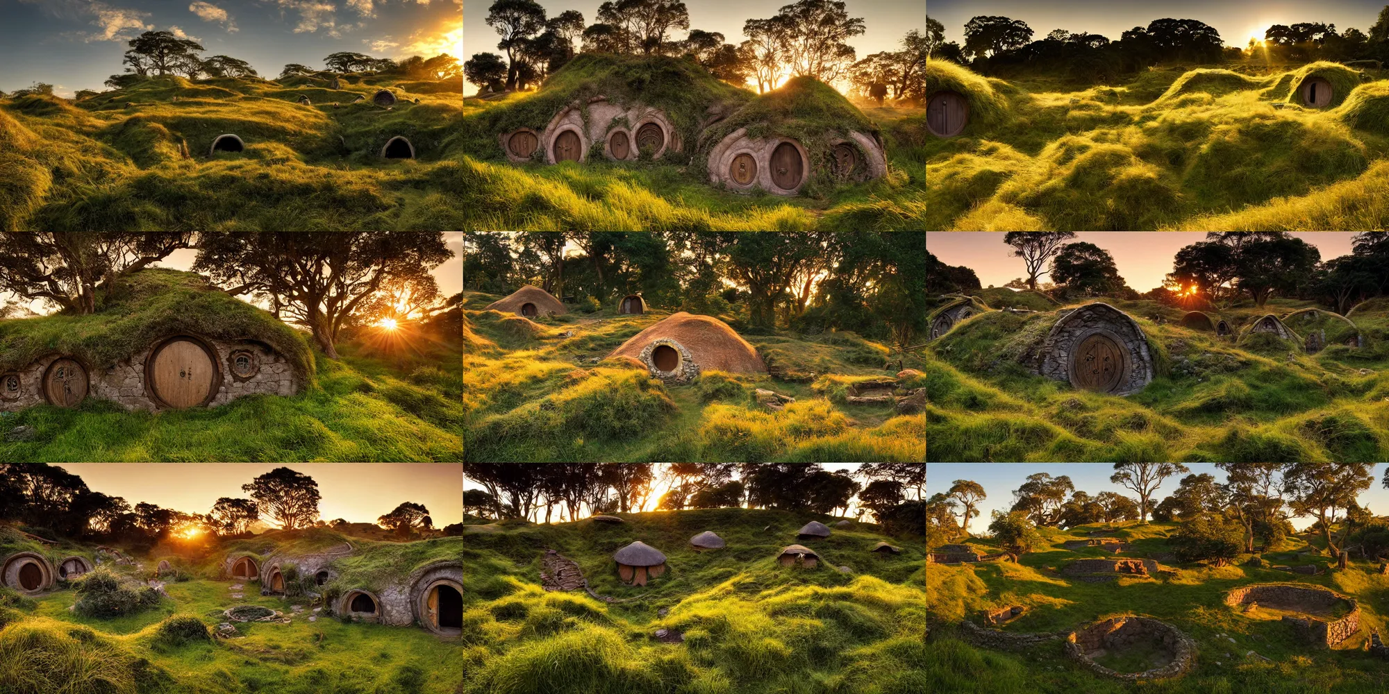 Prompt: archeological discovery of ancient hobbit dwellings, the shire, well preserved, overgrown grasses, sunset, long shadows, digital photography, 3 2 megabit, national geographic.