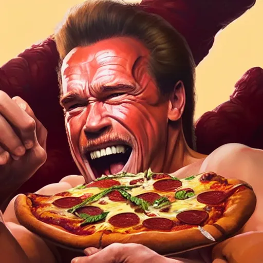 Image similar to portrait of arnold schwarzenegger opening his mouth to eat pizza, highly detailed, digital painting, artstation, concept art, sharp focus, illustration, art by artgerm and greg rutkowski and alphonse mucha