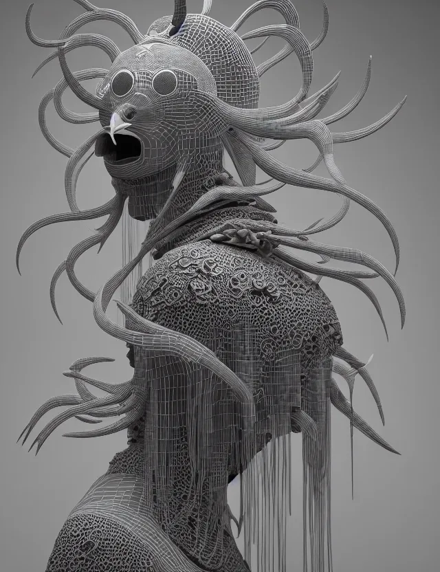 Image similar to 3 d goddess close - up profile portrait of cultist monk in hooded robe with ram skull. beautiful intricately detailed japanese crow kitsune mask and clasical japanese kimono. betta fish, jellyfish phoenix, bio luminescent, plasma, ice, water, wind, creature, artwork by tooth wu and wlop and beeple and greg rutkowski