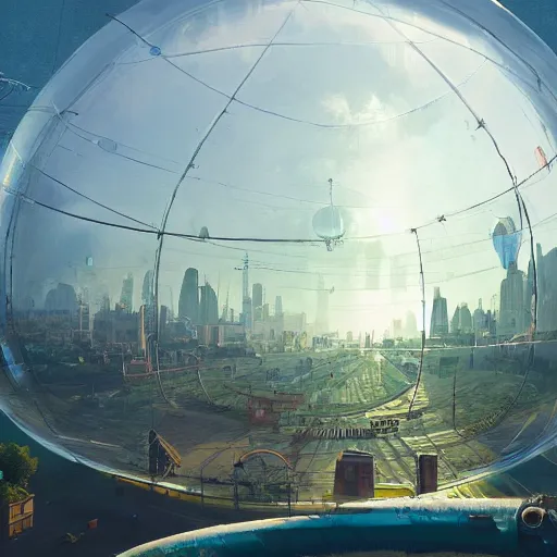 Image similar to A city trapped in a giant transparent dome, bubbles, cinematic lighting, insanely detailed, intricate, artstation, cgsociety, painted by Simon Stalenhag, concept art, illustration, sharp focus,