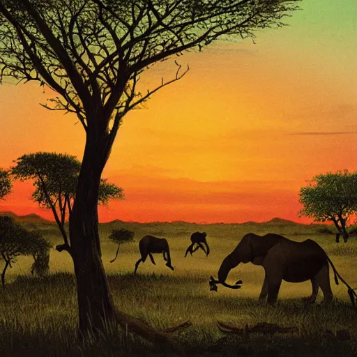 Prompt: rutkowski illustration of a safari at sunset