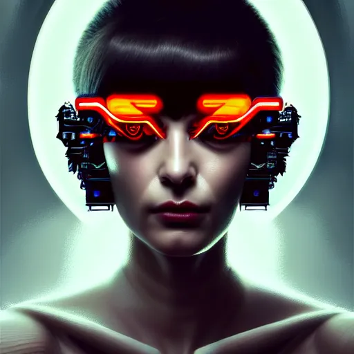 Prompt: woman with extremely large and intricate haircut with angry red eyes and slim features looking askance, eye cyberpunk bionics, retro futurist style, intricate, elegant gleaming intricate baroque jewelry, angelic halo, highly detailed, digital painting, artstation, concept art, smooth, sharp focus, illustration, art by wlop, mars ravelo and greg rutkowski,