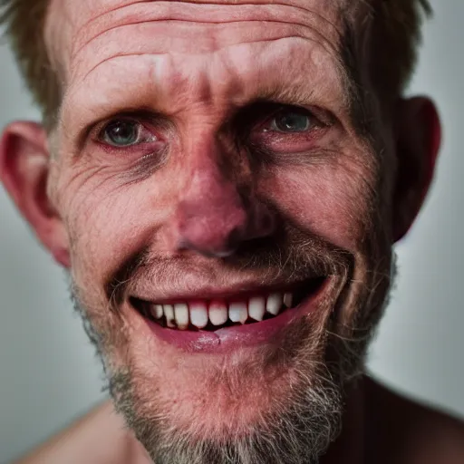 Image similar to photo of a 5 0 year old skinny tall ginger men with rotten stained big yellow teeth, ugly appearance, psoriasis disease, 8 5 mm, f / 1. 3