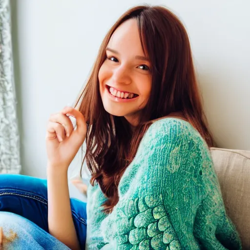 Prompt: a cute young woman smiling, long shiny bronze brown hair, full round face, emerald green eyes, medium skin tone, light cute freckles, smiling softly, wearing casual clothing, relaxing on a modern couch, interior lighting, cozy living room background, close-up shot,