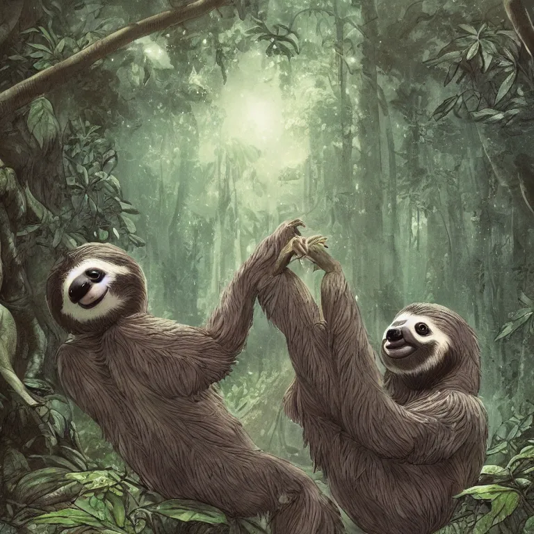 Image similar to A playful cute sloth talking to a shy fairy. award winning. superb resolution. in the art style of junji Ito and greg rutkowski. Detailed dark forest in background. Hyper realistic anime. Perfect art.