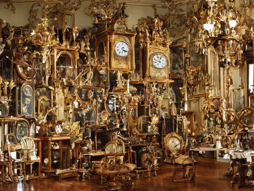 Image similar to antique clocks and giant exotic birds in a baroque salon of the imagination