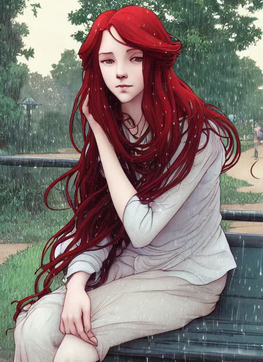 Prompt: pretty young woman with long red hair sitting at a bus stop in the rain, path traced, highly detailed, high quality, digital painting, by studio ghibli and alphonse mucha, leesha hannigan, makoto shinkai, disney