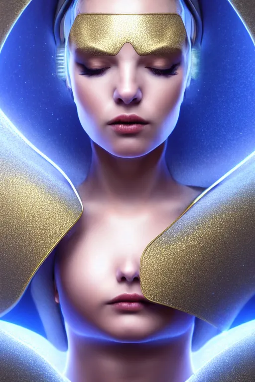 Image similar to detailed portrait glam cyber noun, attractive feminine curves, intricate, scifi, futuristic, elegant cape, elegant, alien room background, white, blue, gold, photorealism, trending on artstation, holy halo, advanced technology, art by moebius and vitaly bulgarov and chanthara