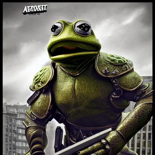 Image similar to armored kermit the frog against giant colossus, trending on artstation