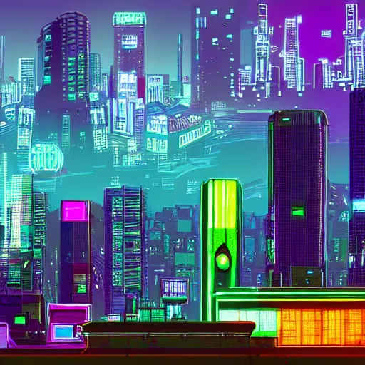 Image similar to cyberpunk city, aqua, green, and purple neon lighting