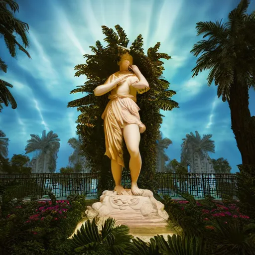 Image similar to baroque vaporwave statue, high detail, rendered in unreal engine, 3d render, god rays, volumetric lighting, award winning, vegetation, mark Ryden, oasis