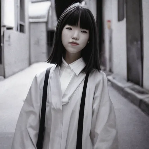 Image similar to 1990s perfect 8K HD professional photo of close-up japanese schoolgirl posing in sci-fi dystopian alleyway, at instagram, Behance, Adobe Lightroom, with instagram filters, depth of field, taken with polaroid kodak portra