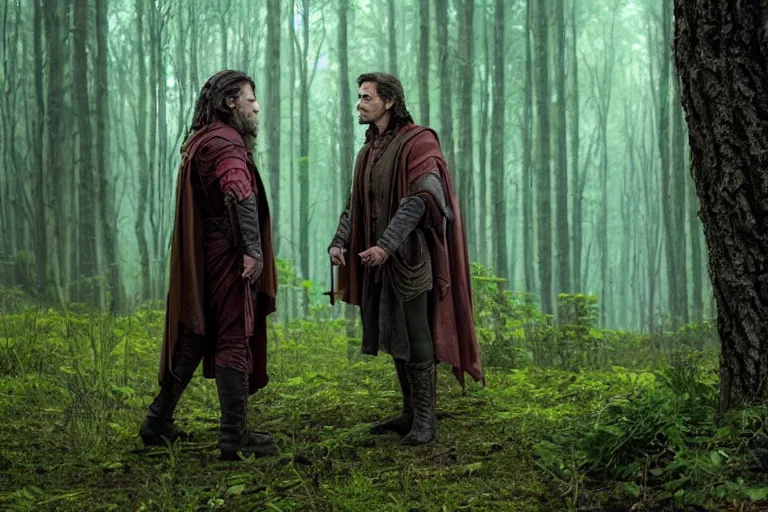 Image similar to still from a fantasy movie, a warlock discussing with another man, forest in the background, muted colors, 8 k, cinematic, very detailed face, hyperrealistic, movie still frame, promotional image, imax 7 0 mm footage