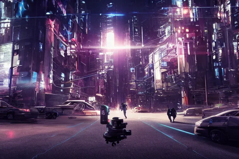 Image similar to cinematography ai robot rights standoff with police, sci-fi future city street at night. Emmanuel Lubezki