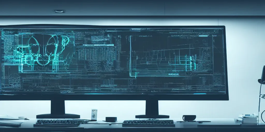 Image similar to cinematic macro photograph of a orwellian desktop monitor in an urban office setting with graphs shown as blueprints and schematic drawings on the screen, ultra realistic, by cedric peyravernay, by kilian eng, intracate detail, digital painting, minimal art style, mirrors edge art style, cinematic lighting, artstation, cgsociety, octane render, 3 5 mm film grain