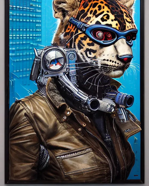 Image similar to a portrait of an anthropomorphic cyberpunk jaguar by sandra chevrier, by jon foster, detailed render, pistol in holster, tape deck, epic composition, cybernetics, 4 k realistic, cryengine, realistic shaded lighting, sharp focus, masterpiece, by enki bilal