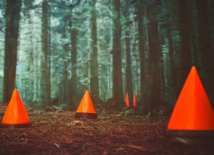 Image similar to a few orange safety cones in a beautiful strange forest, cinematic, atomspheric lighting, detailed by james jean, 2 4 mm lens, surreal