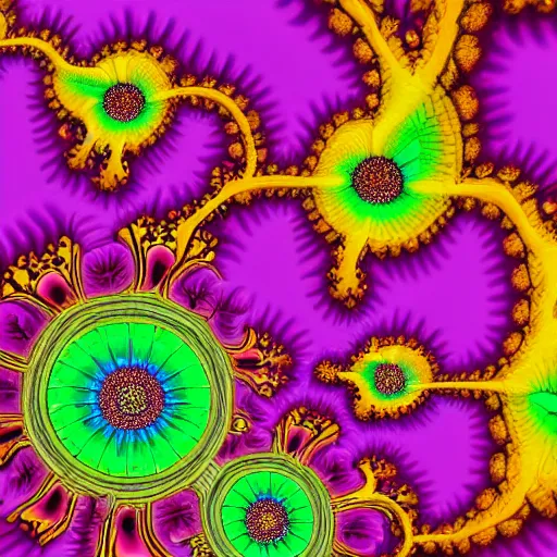 Image similar to a brightly colored painting of very detailed flowers made of elaborate fractals, high resolution, mandelbrot set, chaos, fractal, math, deviantart