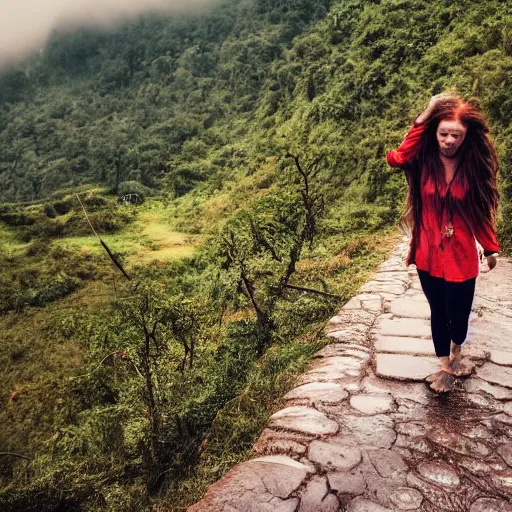 Prompt: define the character of a beautiful girl, messy long red hair, messy wet grey tribal clothes, short torn up pants, she is walking on a mountain and we see down in a deep valley a very poor old shanti town with wooden ruins, medieval time, heavy rain, late at night, mist, cinematic, 8 k,