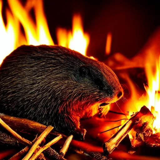 Image similar to beaver being spit roasted over a campfire at night, photograph