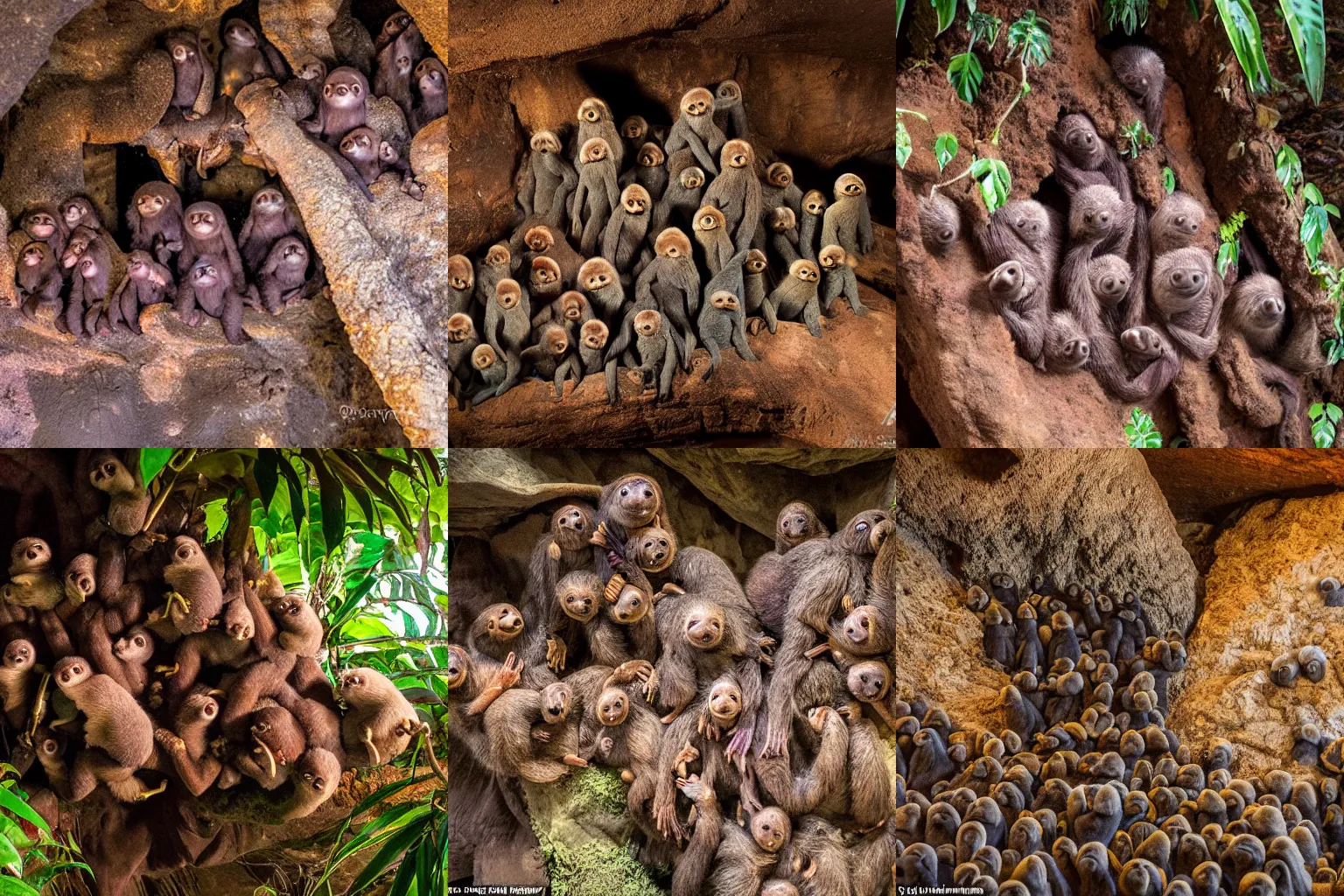 Prompt: Cave from South America, with dozens of baby sloths climbing out, saturated colors, award winning photo of rituatl