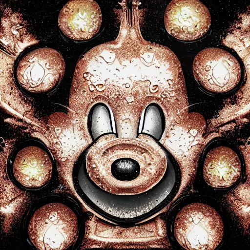 Prompt: counterfeit mickey mouse head, fractal, broken, DMT dystopia, wet, melting, fractured, mycelium, radiant alien, rococo, baroque, automotive, bio-mechanical, porcelain, iridescent, sub surface scattering, octane render