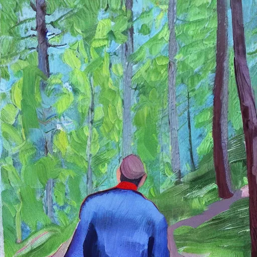 Prompt: man biking up a steep forest hill with a deep blue sweater. sweaty. Oil painting. Emotional. Steep. Trees.