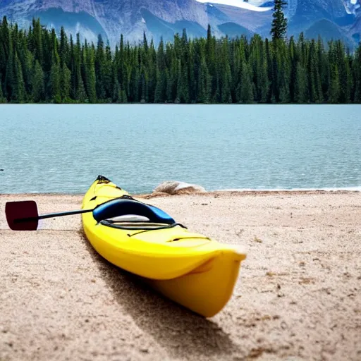 Image similar to a beautiful image of a breathtaking lake with amazing mountains in the background, there is a kayak in the foreground on the beach, landscape