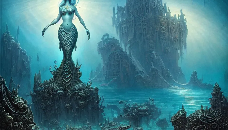 Image similar to a graceful mermaid looking at the sunken city of Atlantis under water, rays of sunlight, stunning undersea intricate detailed grand architecture in the style of Joe Fenton, art style by Greg Rutkowski and Mohrbacher, deep underwater scene, dark and moody, faint volumetric god rays, grim crushing atmosphere, trending on artstation, masterpiece, claustrophobic, sea floor is rocky and full of colorful corals