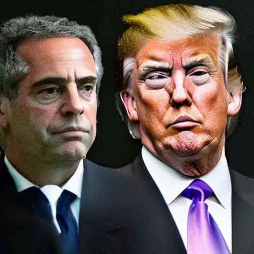 Image similar to donald trump behind bars in a filthy, obscure and depressing cell, with jeff epstein looming over him