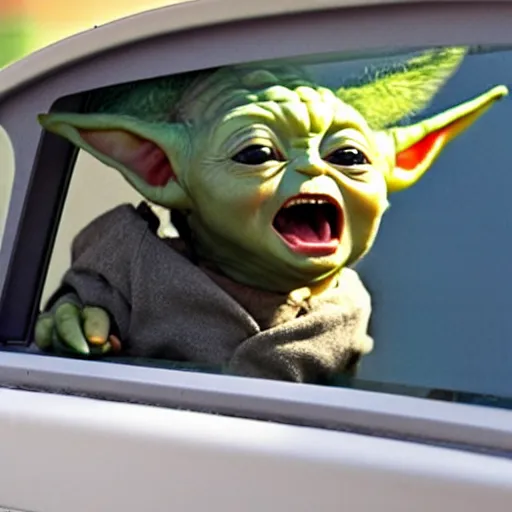 Prompt: baby yoda screaming at the mcdonalds drive thru window