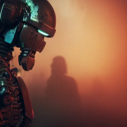 Image similar to cyberpunk rock golem as a space marine smoking a cigarette, still from the movie predator, fog, dramatic lighting, cinematic, 4 k, full body shot, backlit, rim lighting, full body photgraph, shap, football armor, cyberpunk, bladerunner, extreme detail, light rain, trending on artstation, spot light