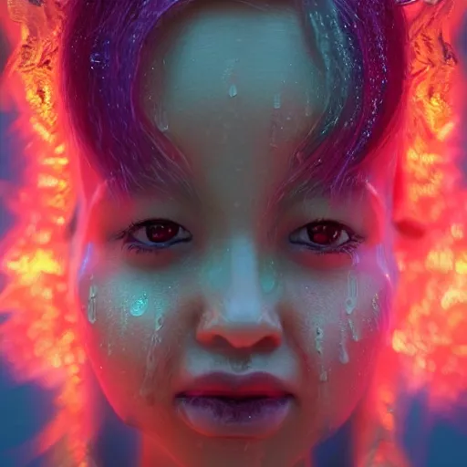 Image similar to angel spirit guide, cartoon portrait made out of rain, realistic, highly detailed, neon, rendered in octane, unreal engine, beautiful, trending on artstation,